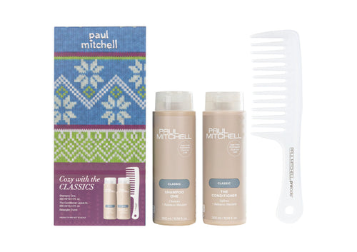 Paul Mitchell Cozy with the Classics gift set: Shampoo One 300 ml, The Conditioner 300 ml and Detangler Comb beside the Christmas gift box