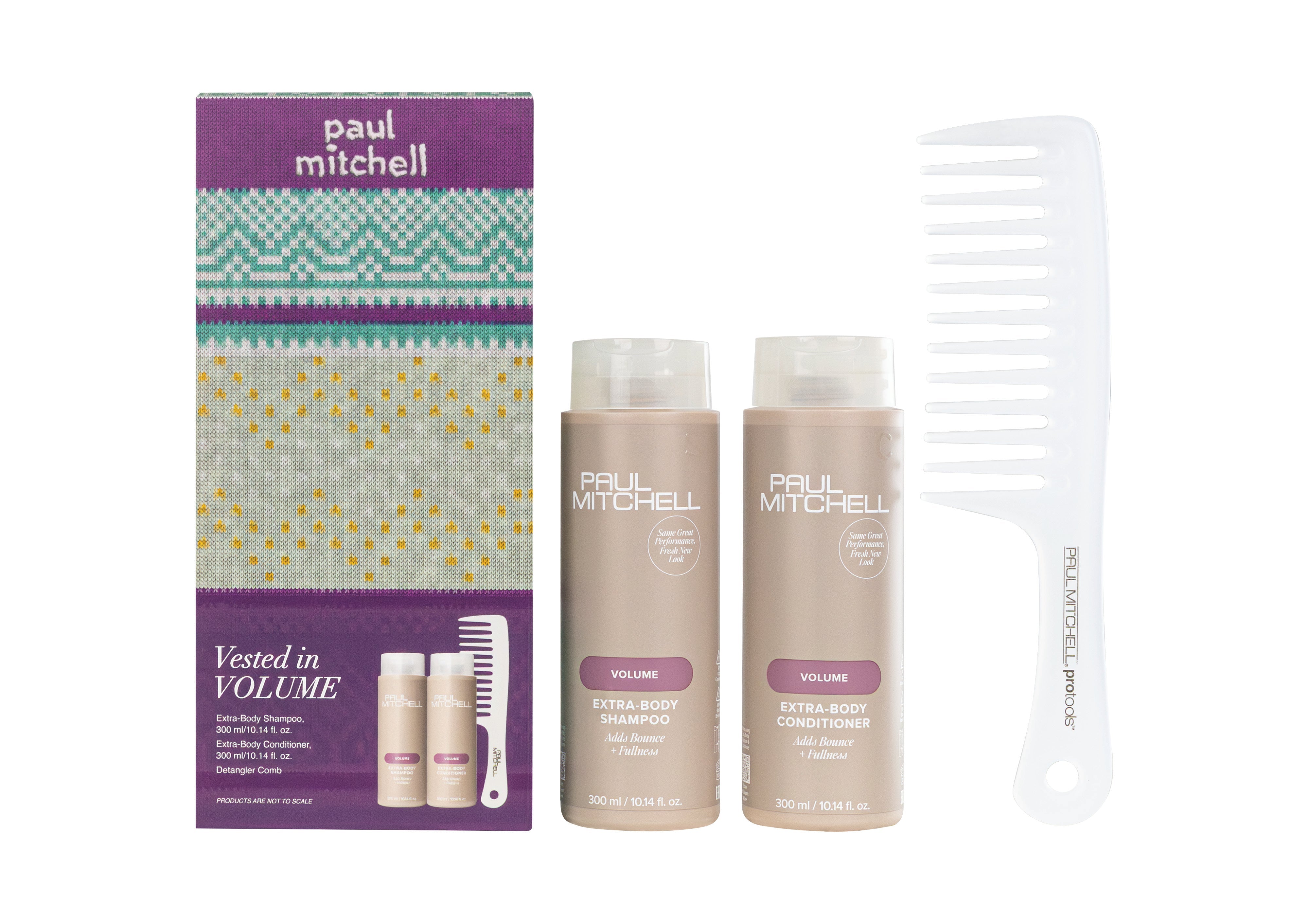 Paul Mitchell Vested in Volume gift set: Extra-Body Shampoo 300 ml, Extra-Body Conditioner 300 ml and Detangler Comb beside the Christmas gift box