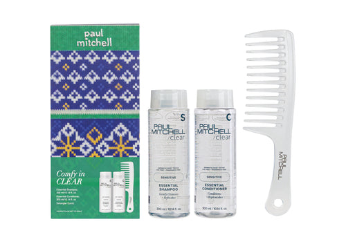 Paul Mitchell Comfy in Clear Gift Set: green and blue knit-print box with Essential Shampoo 300 ml, Essential Conditioner 300 ml and Detangler Comb