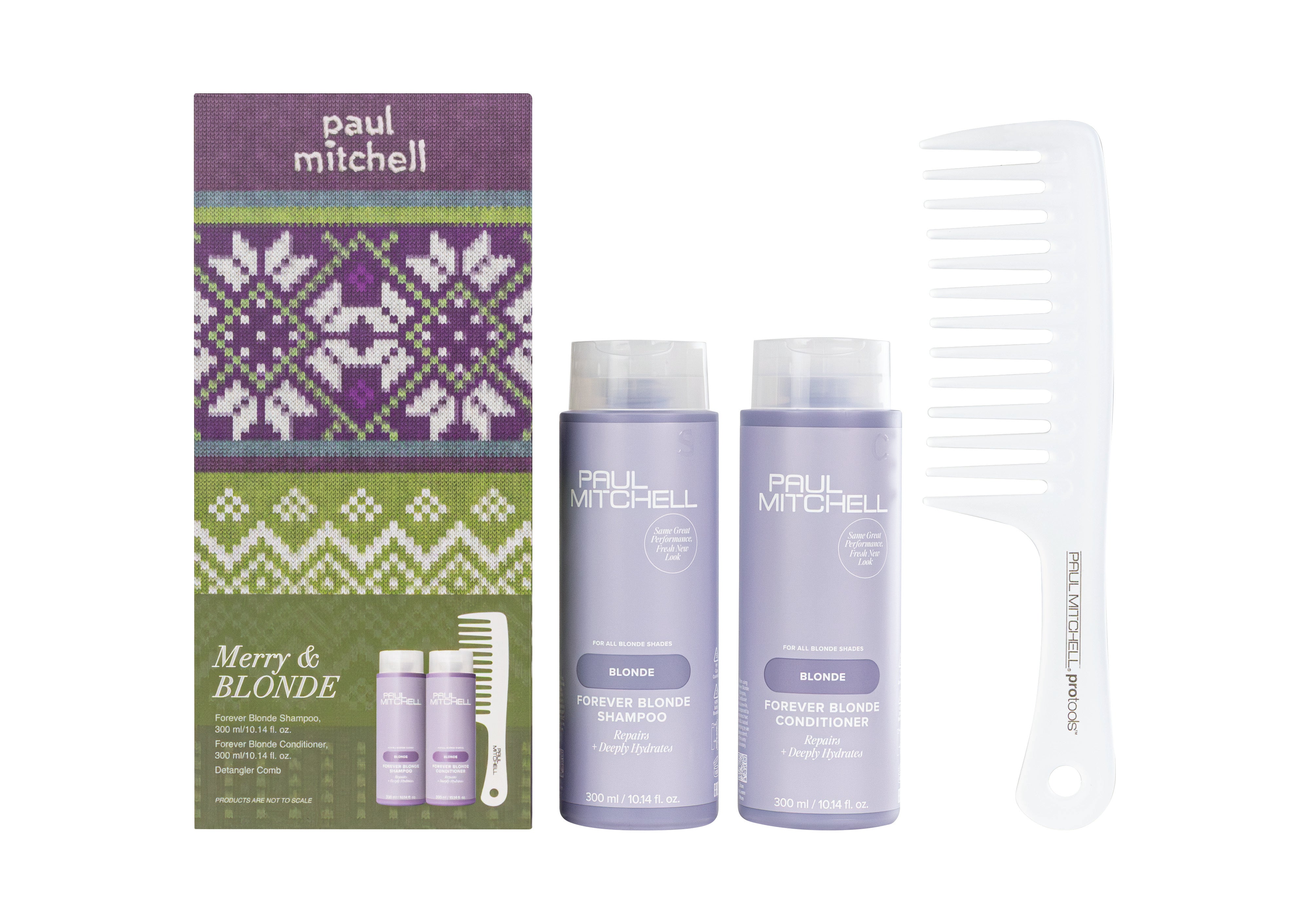 Paul Mitchell Merry & Blonde Gift Set: purple and green knit-print box with Forever Blonde Shampoo 300 ml, Forever Blonde Conditioner 300 ml and Detangler Comb