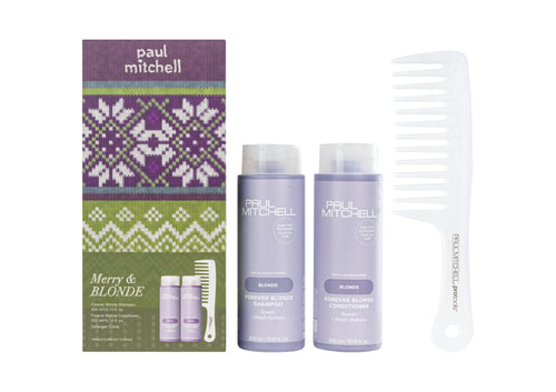 Paul Mitchell Merry & Blonde Gift Set: purple and green knit-print box with Forever Blonde Shampoo 300 ml, Forever Blonde Conditioner 300 ml and Detangler Comb