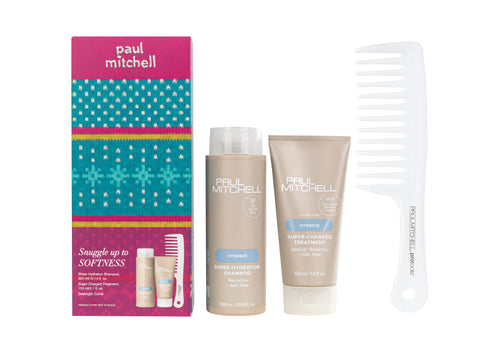 Paul Mitchell Snuggle Up to Softness Gift Set: pink and teal knit-print box with Sheer Hydration Shampoo 300 ml, Super-Charged Treatment 150 ml and Detangler Comb
