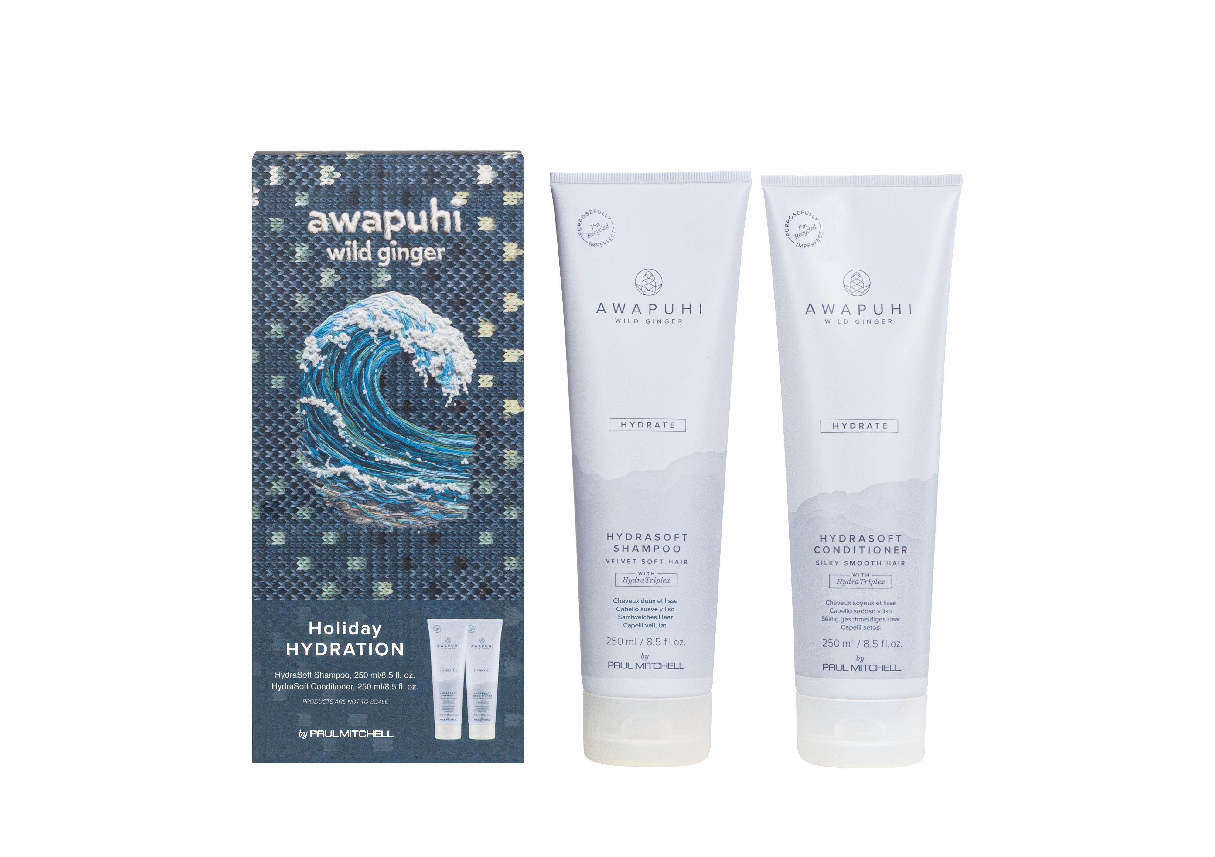 Paul Mitchell Holiday Hydration Gift Set: navy knitted-look box with Awapuhi Wild Ginger HydraSoft Shampoo 250 ml and Conditioner 250 ml