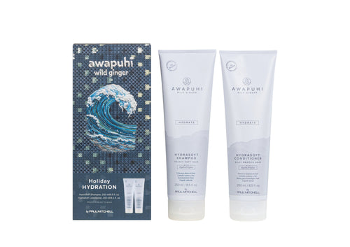 Paul Mitchell Holiday Hydration Gift Set: navy knitted-look box with Awapuhi Wild Ginger HydraSoft Shampoo 250 ml and Conditioner 250 ml