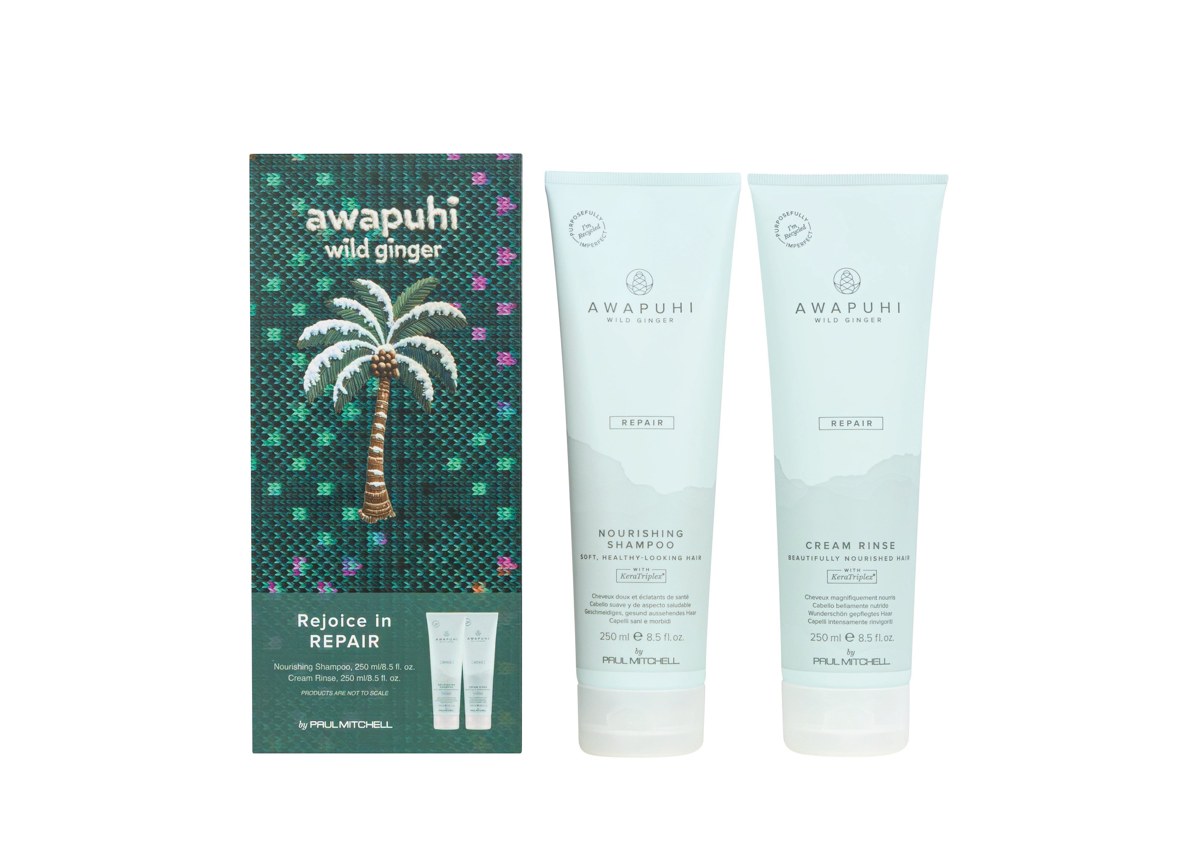 Paul Mitchell Rejoice in Repair Gift Set: green knitted-look box with Awapuhi Wild Ginger Nourishing Shampoo 250 ml and Cream Rinse 250 ml