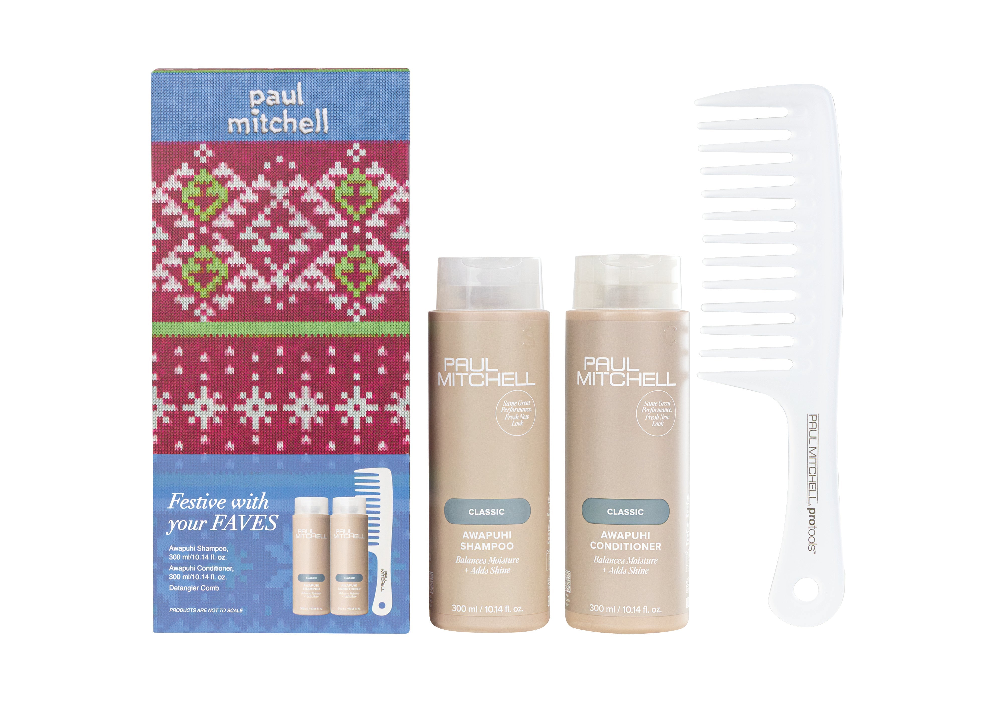Paul Mitchell Festive in Awapuhi gift set: Awapuhi Shampoo 300 ml, Awapuhi Conditioner 300 ml and Detangler Comb beside the Christmas gift box