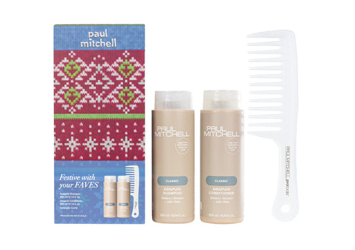 Paul Mitchell Festive in Awapuhi gift set: Awapuhi Shampoo 300 ml, Awapuhi Conditioner 300 ml and Detangler Comb beside the Christmas gift box