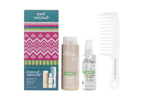 Paul Mitchell Season of Smooth Gift Set: teal and pink knit-print box with Super Smooth Shampoo 300 ml, Super Skinny Serum 150 ml and Detangler Comb