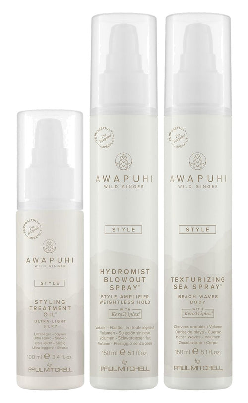 Paul Mitchell Awapuhi Styling & Treatment Set: Awapuhi Wild Ginger Styling Treatment Oil 100 ml, HydroMist Blow-Out Spray 150 ml and Texturizing Sea Spray 150 ml