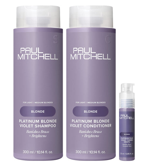 Paul Mitchell Blonde Care Kit: Platinum Blonde Violet Shampoo 300 ml, Platinum Blonde Violet Conditioner 300 ml and Platinum Plus Violet Toning Drops 25 ml