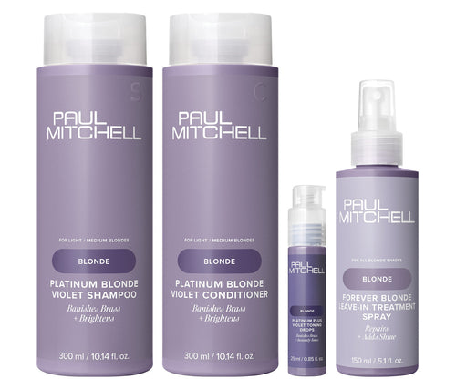 Paul Mitchell Blonde Toning Complete Kit: Platinum Blonde Violet Shampoo 300 ml, Platinum Blonde Violet Conditioner 300 ml, Platinum Plus Violet Toning Drops 25 ml and Forever Blonde Leave-In Treatment Spray 150 ml