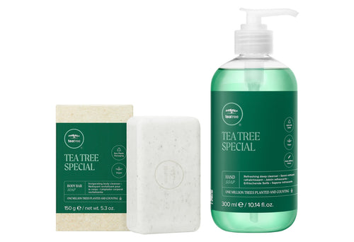 Paul Mitchell Tea Tree Body & Hand Care Set: Tea Tree Special Body Bar 150 g (shown in its box and unwrapped) and Tea Tree Special Hand Soap 300 ml pump bottle