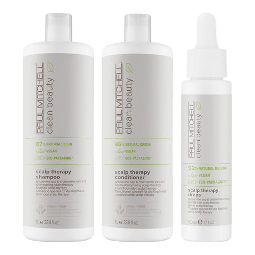 Paul Mitchell Clean Beauty Scalp & Shine Set 1000 ml — Clean Beauty Scalp Therapy Shampoo, Clean Beauty Scalp Therapy Conditioner, Clean Beauty Scalp Drops