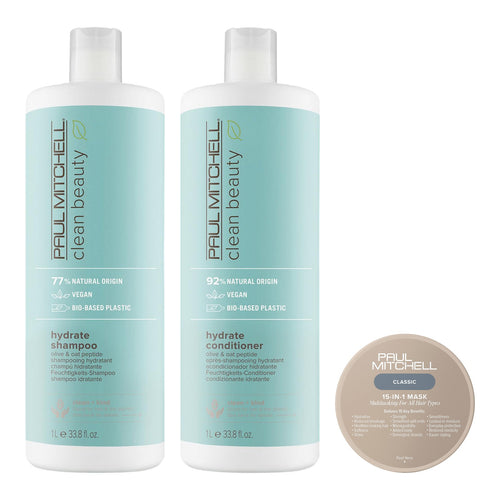Paul Mitchell Deep Moisture Treatment Set 1000 ml — Clean Beauty Hydrate Shampoo, Clean Beauty Hydrate Conditioner, 15-In-1 Mask