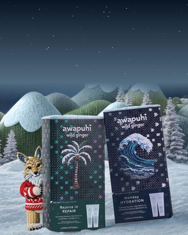 Paul Mitchell Christmas 2026 gift sets in festive knit-print boxes in the snow